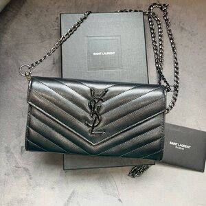 Reserved-YSL all black envelope flap quilted wallet on chain crossbody